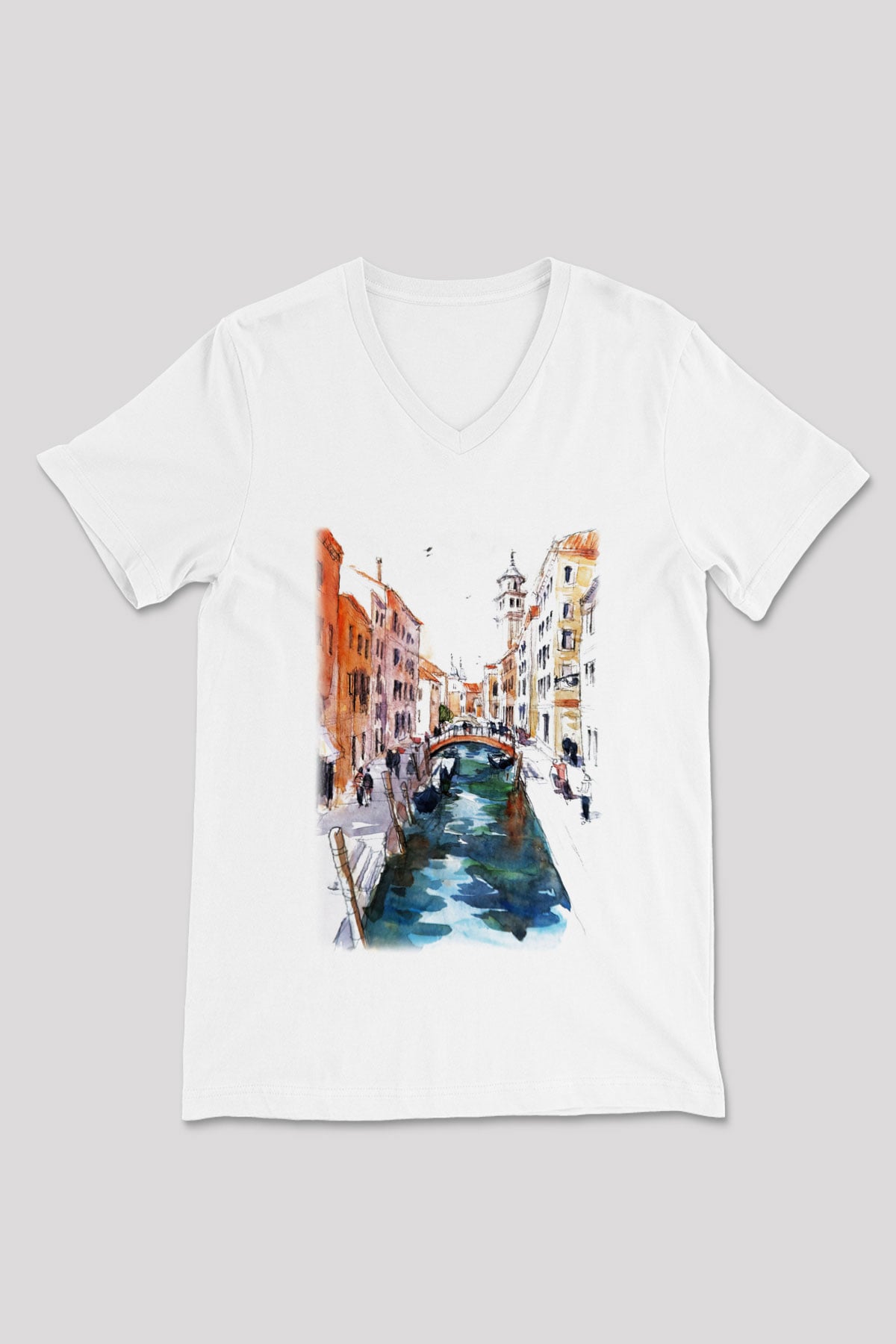 Venedik Kanal Beyaz Unisex V Yaka Tişört T-Shirt