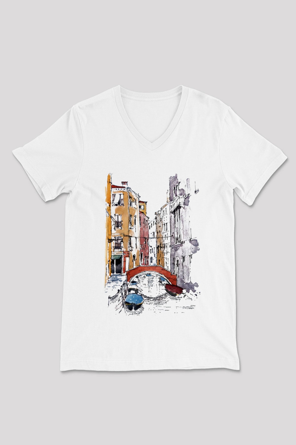 Venedik Kanal Beyaz Unisex V Yaka Tişört T-Shirt