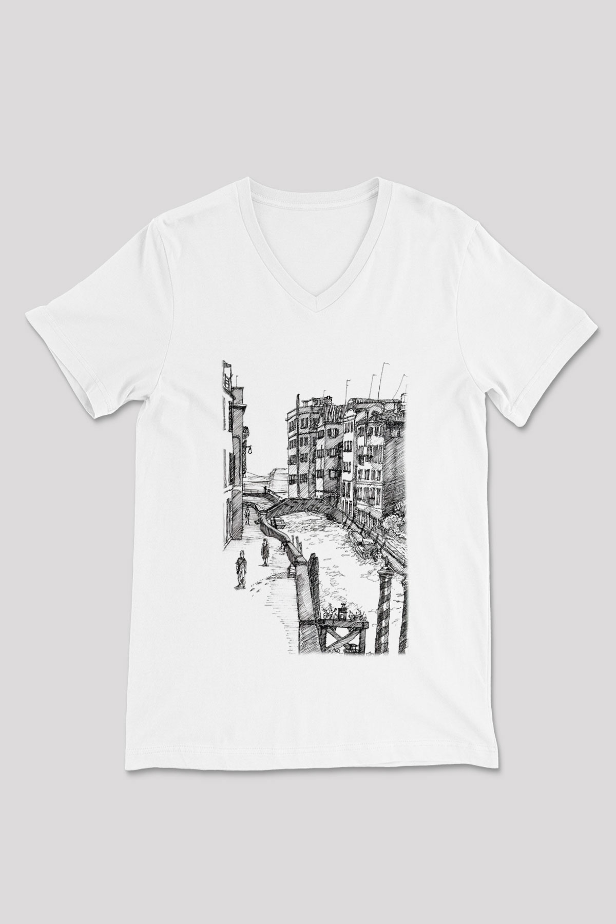 Venedik Kanal Beyaz Unisex V Yaka Tişört T-Shirt
