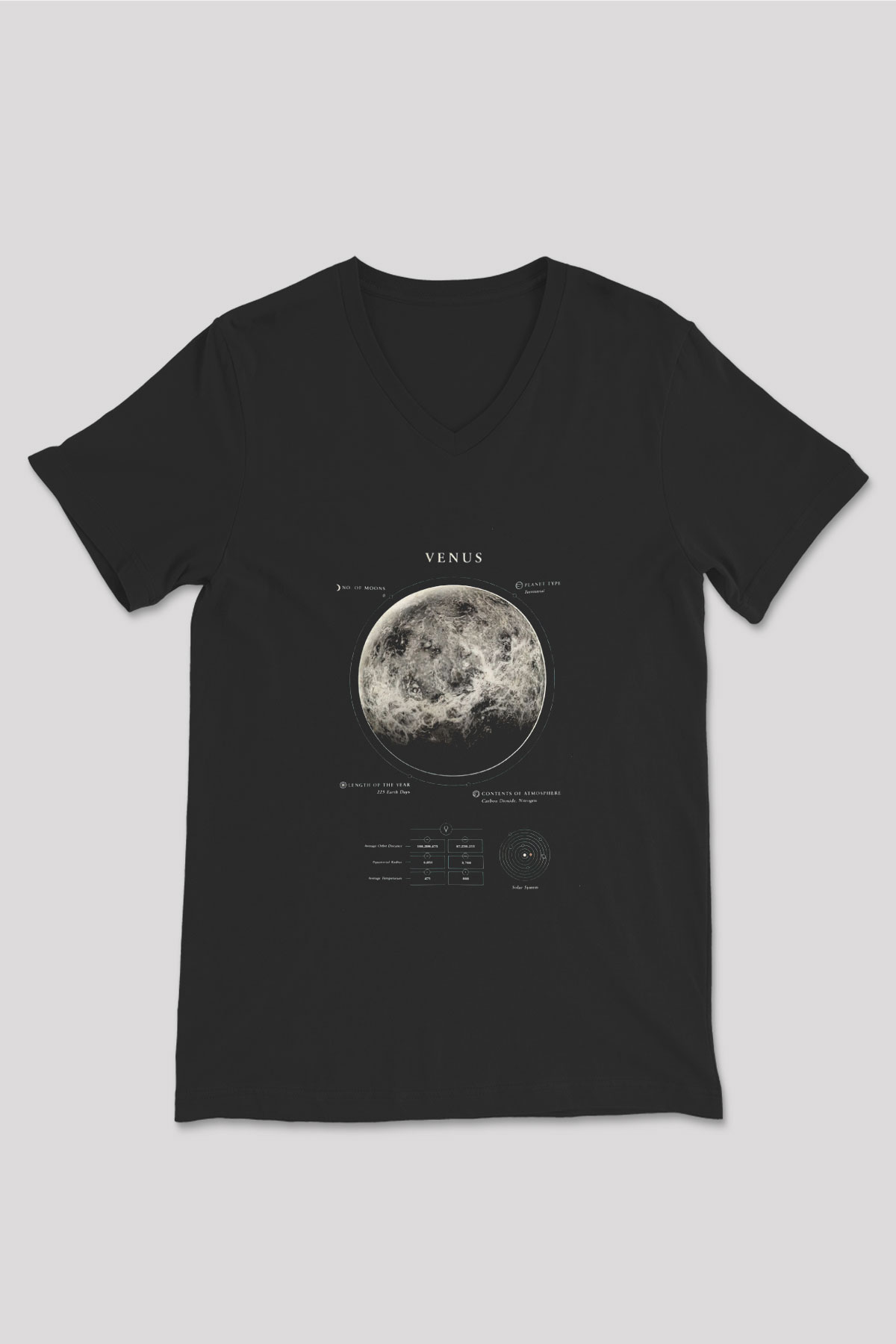 Venüs Fiziksel Özellikleri Baskılı Unisex V Yaka Siyah Tİşört - Tshirt