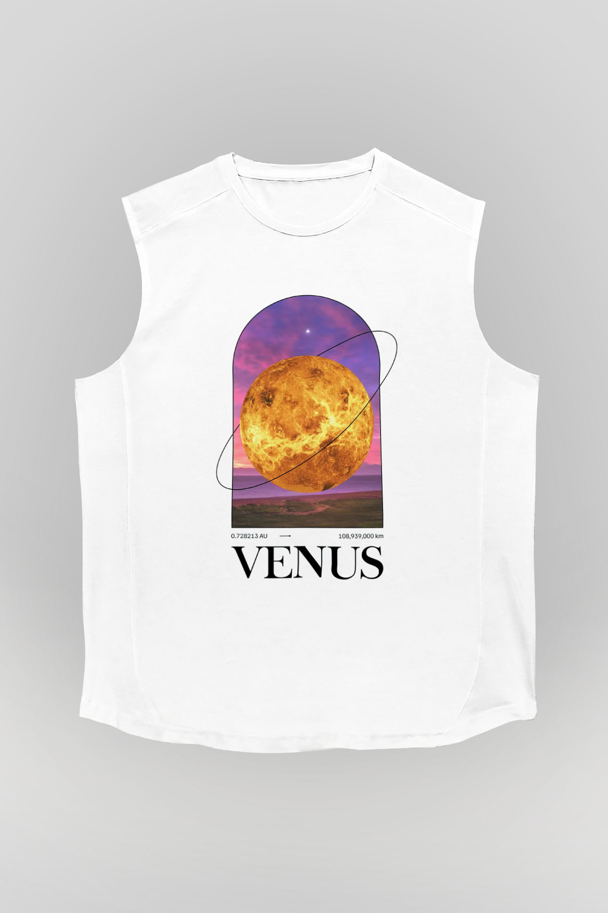 Venüs Gezegeni Baskılı Unisex Kolsuz Beyaz Tişört - Tshirt