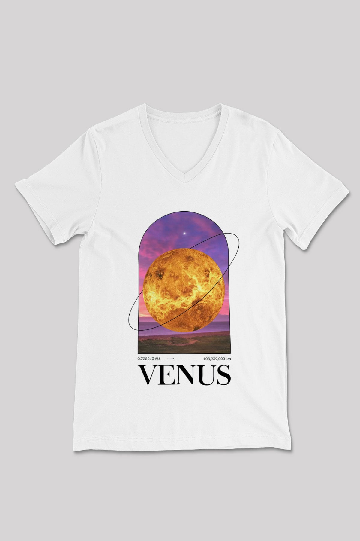 Venüs Gezegeni Baskılı Unisex V Yaka Beyaz Tişört - Tshirt