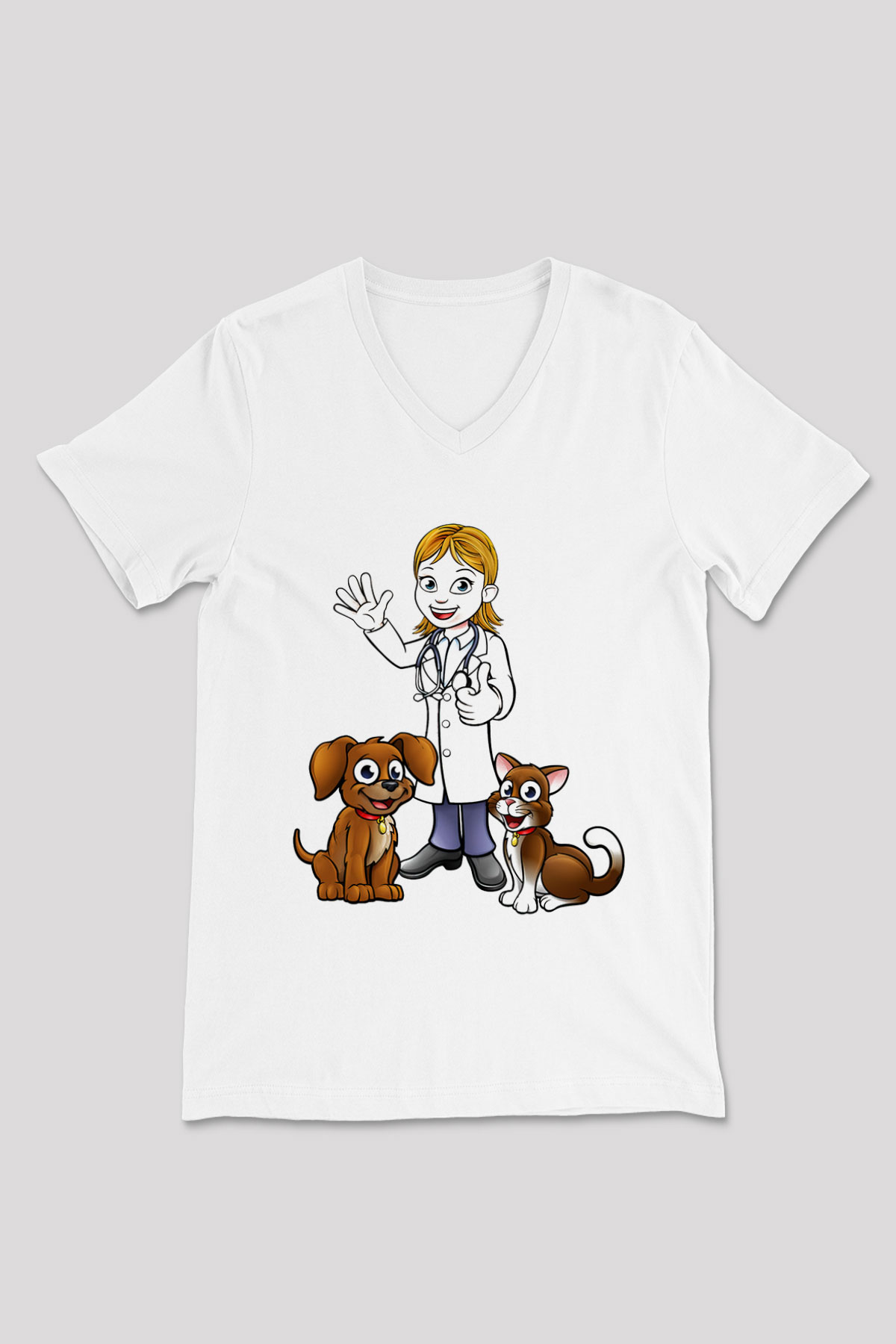 Veteriner Beyaz Unisex V Yaka Tişört T-Shirt