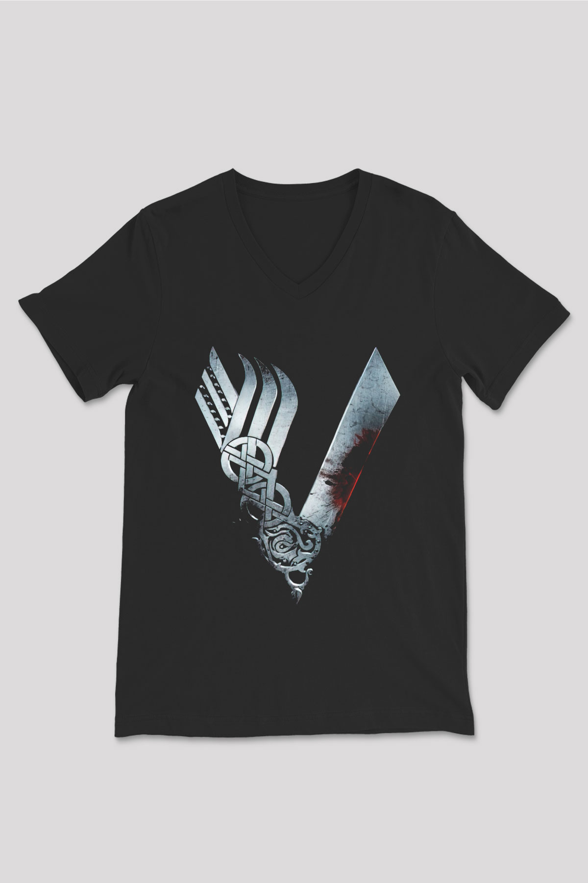 Vikings Siyah Unisex V Yaka Tişört T-Shirt