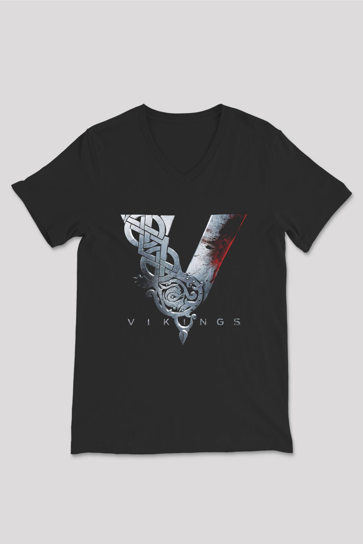 Vikings Siyah Unisex V Yaka Tişört T-Shirt