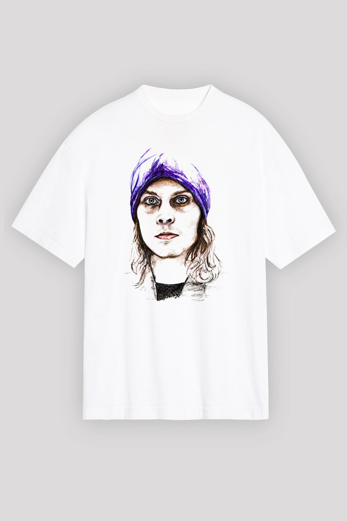 Ville Valo Baskılı Beyaz Unisex Oversize Tişört - Tshirt
