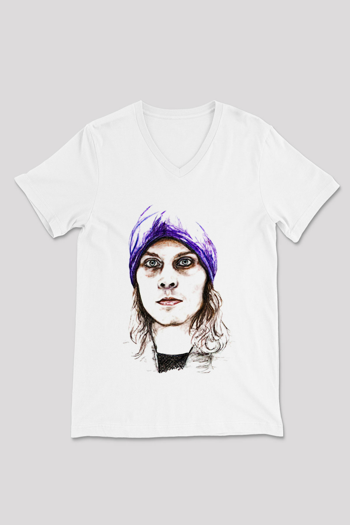 Ville Valo Baskılı Beyaz Unisex V Yaka Tişört - Tshirt