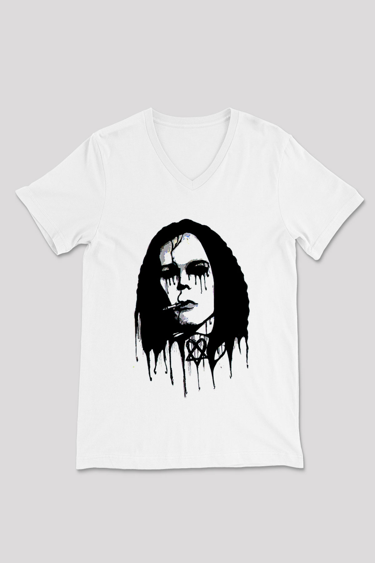 Ville Valo Baskılı Beyaz Unisex V Yaka Tişört - Tshirt