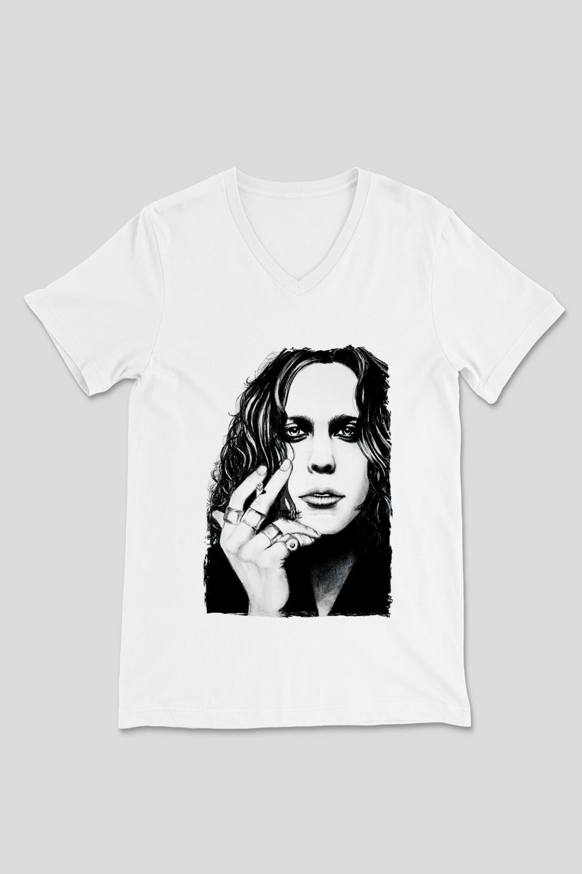Ville Valo Baskılı Beyaz Unisex V Yaka Tişört - Tshirt