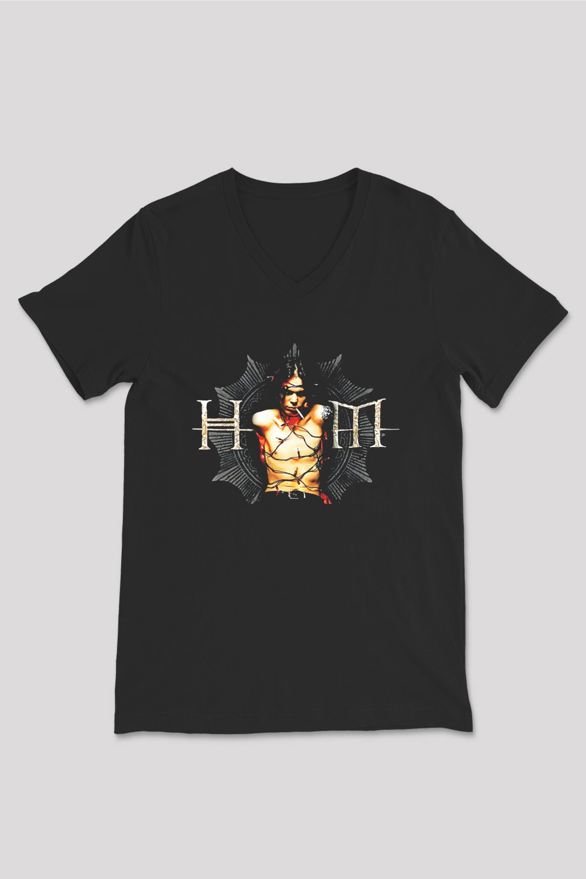 Ville Valo Baskılı Unisex Siyah V Yaka Tişört - Tshirt
