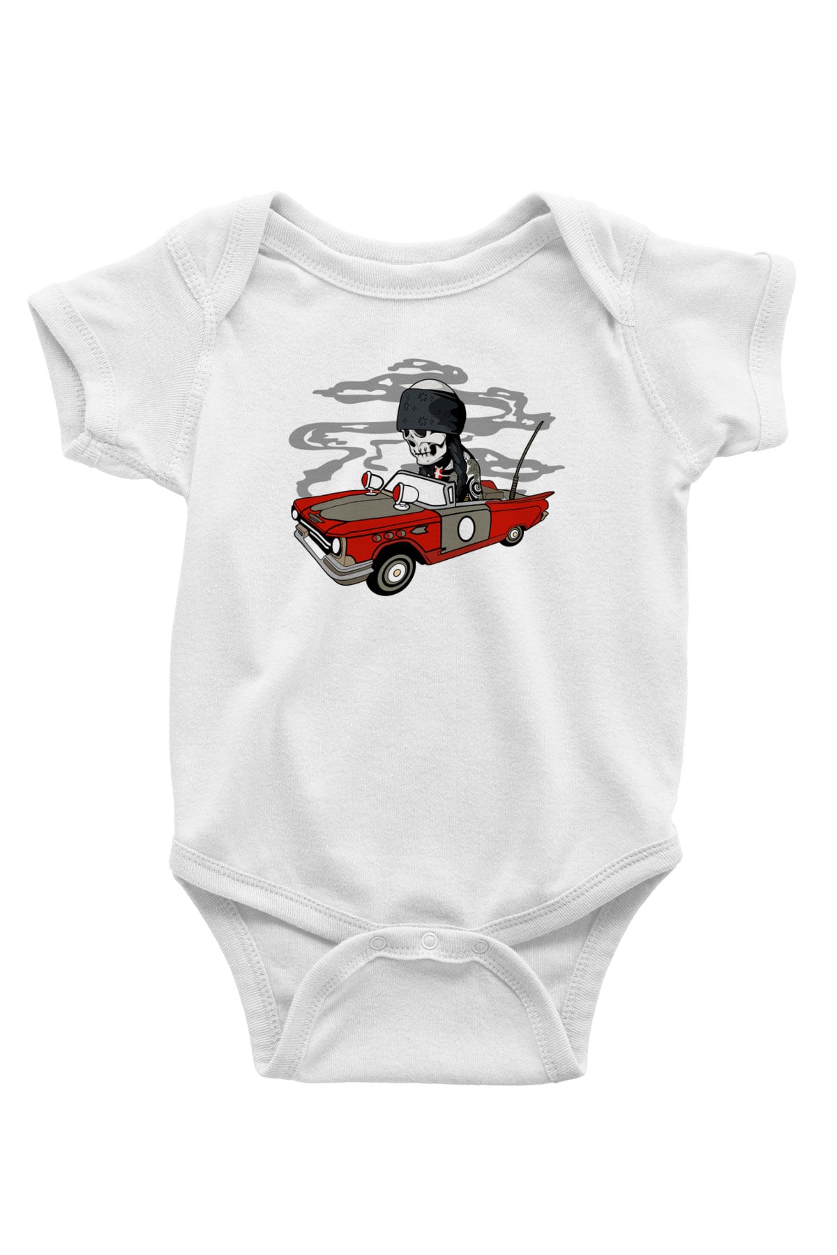 Vintage İskelet Sürücü Baskılı Unisex Beyaz Bebek Body - Zıbın