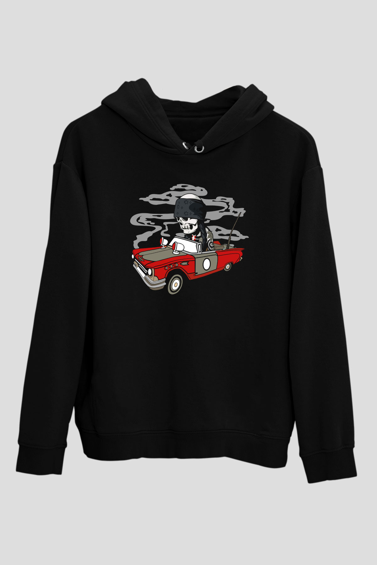 Vintage İskelet Sürücü Baskılı Unisex Siyah Hoodie