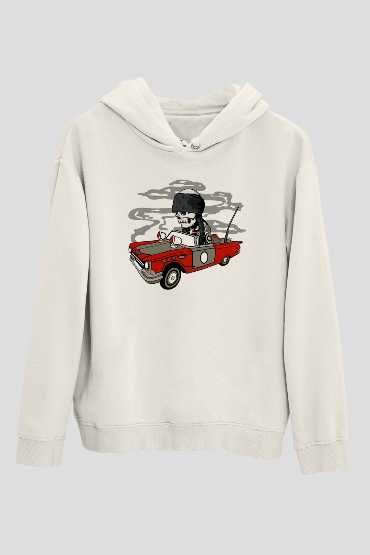 Vintage İskelet Sürücü Baskılı Unisex Beyaz Hoodie
