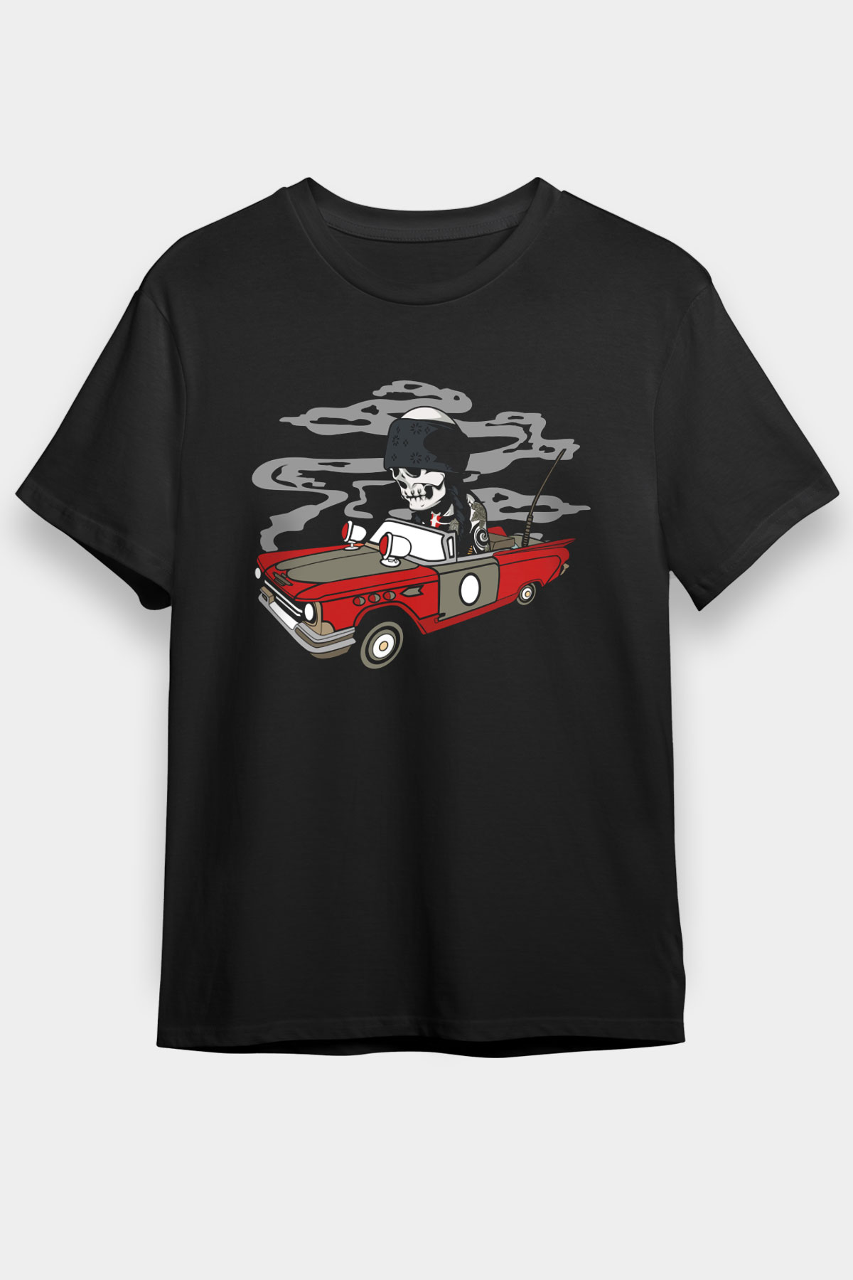 Vintage İskelet Sürücü Baskılı Unisex Siyah Tişört