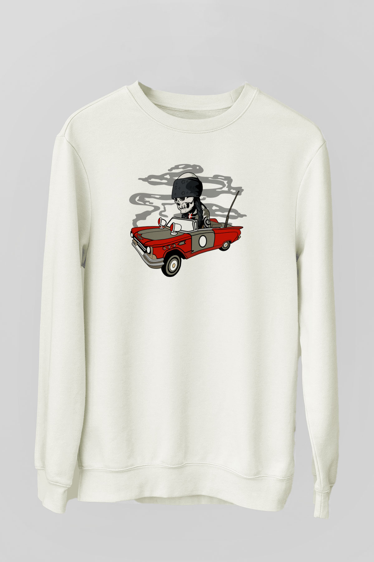 Vintage İskelet Sürücü Baskılı Unisex Beyaz Sweatshirt