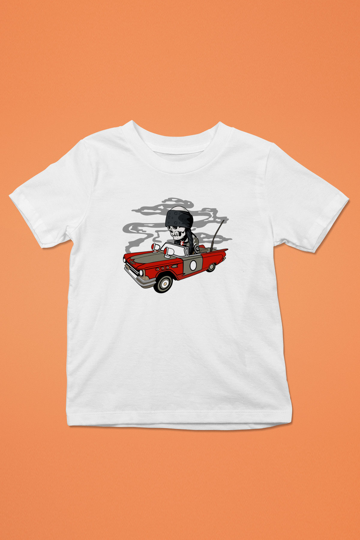 Vintage İskelet Sürücü Baskılı Unisex Beyaz Çocuk Tişört