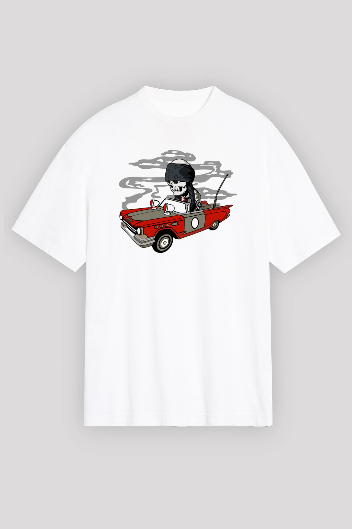Vintage İskelet Sürücü Baskılı Unisex Beyaz Oversize Tişört