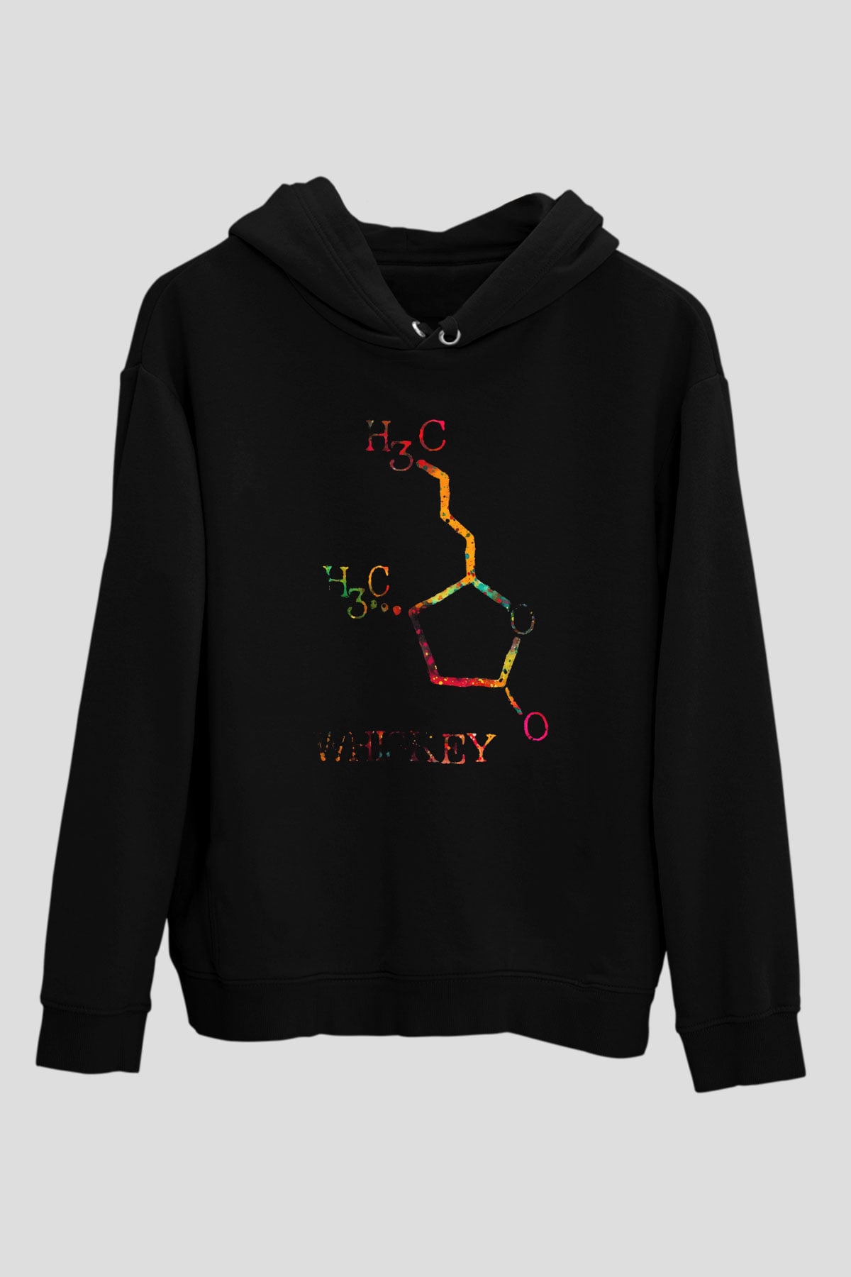 Viski Molekülü Baskılı Unisex Siyah Kapüşonlu Sweatshirt