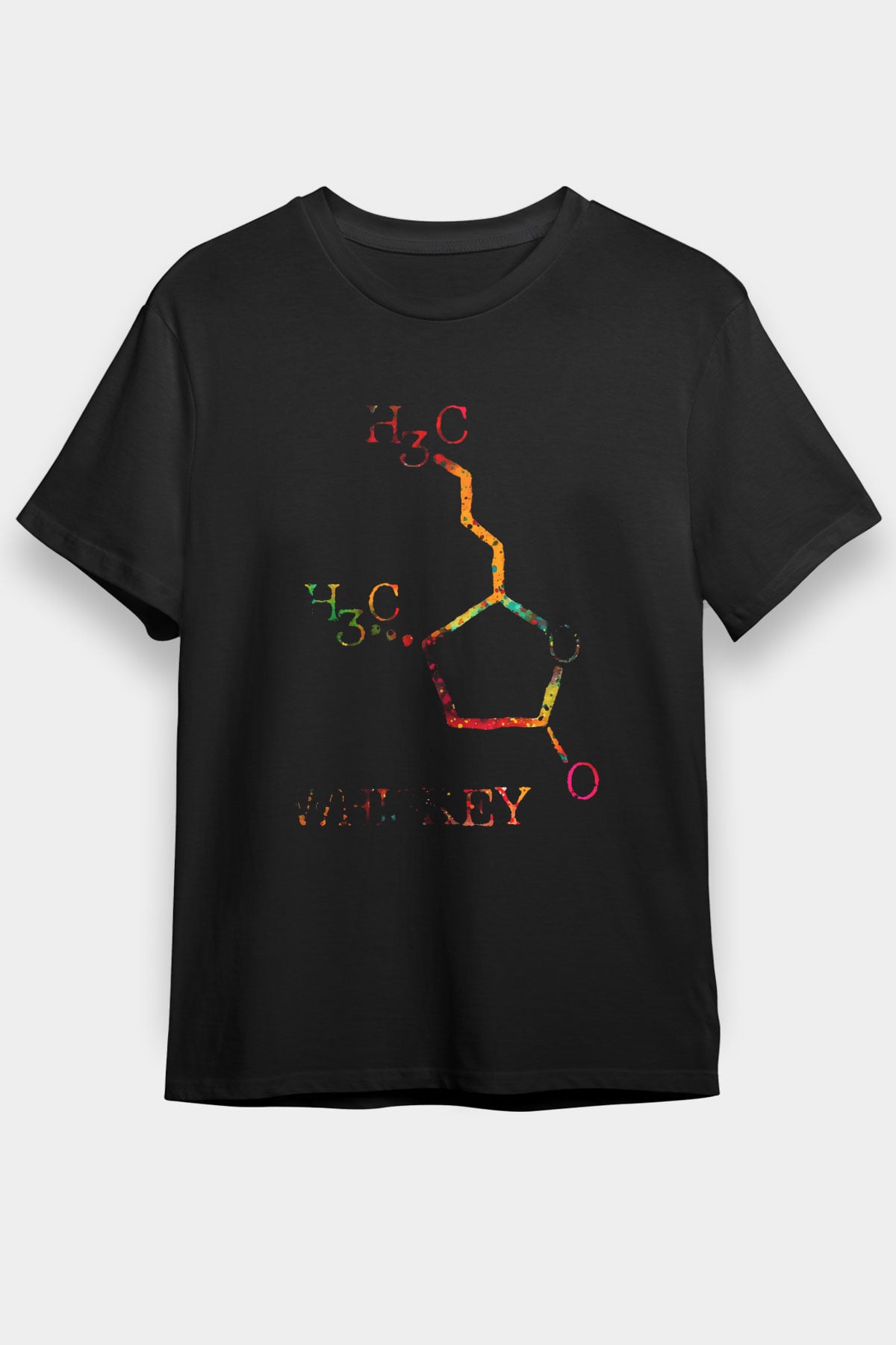 Viski Molekülü Baskılı Unisex Siyah Tişört - Tshirt