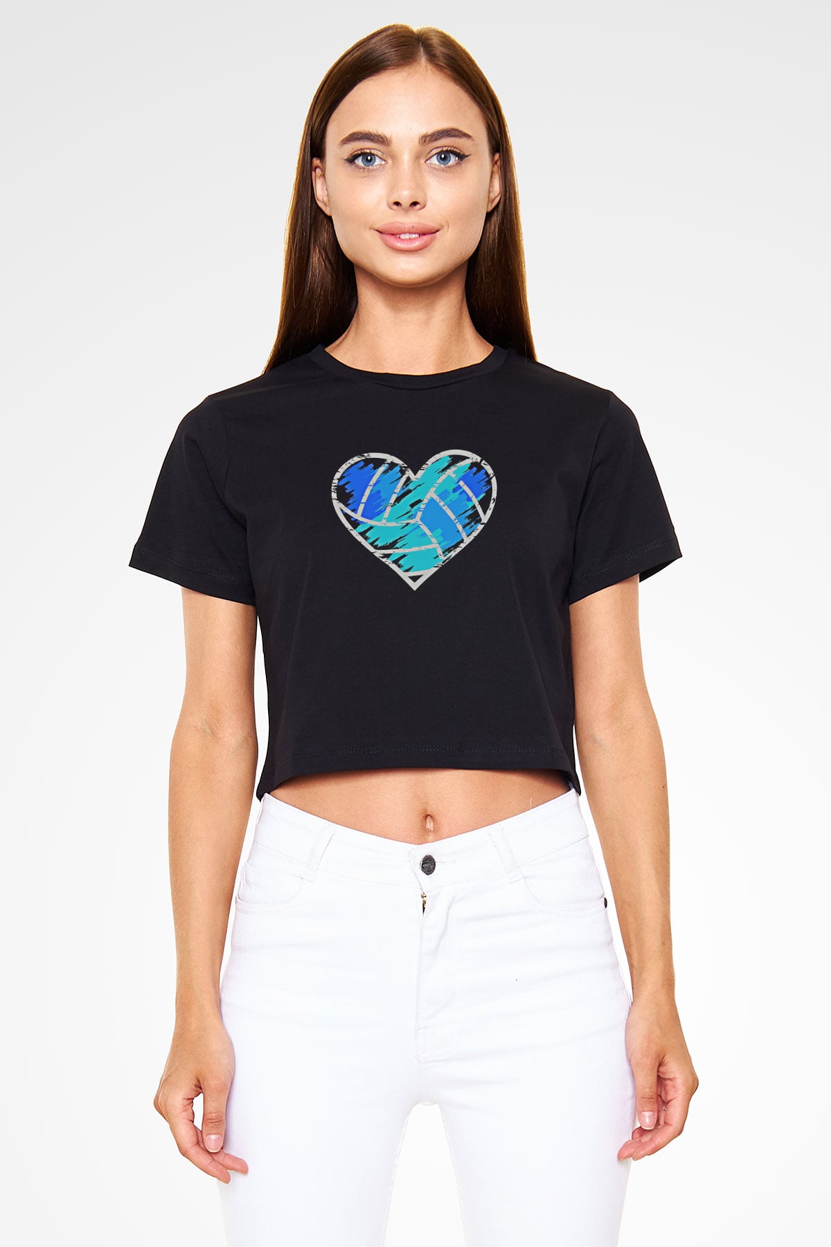 Voleybol - Volleyball Baskılı Crop Top Siyah Kadın Tişört - Tshirt