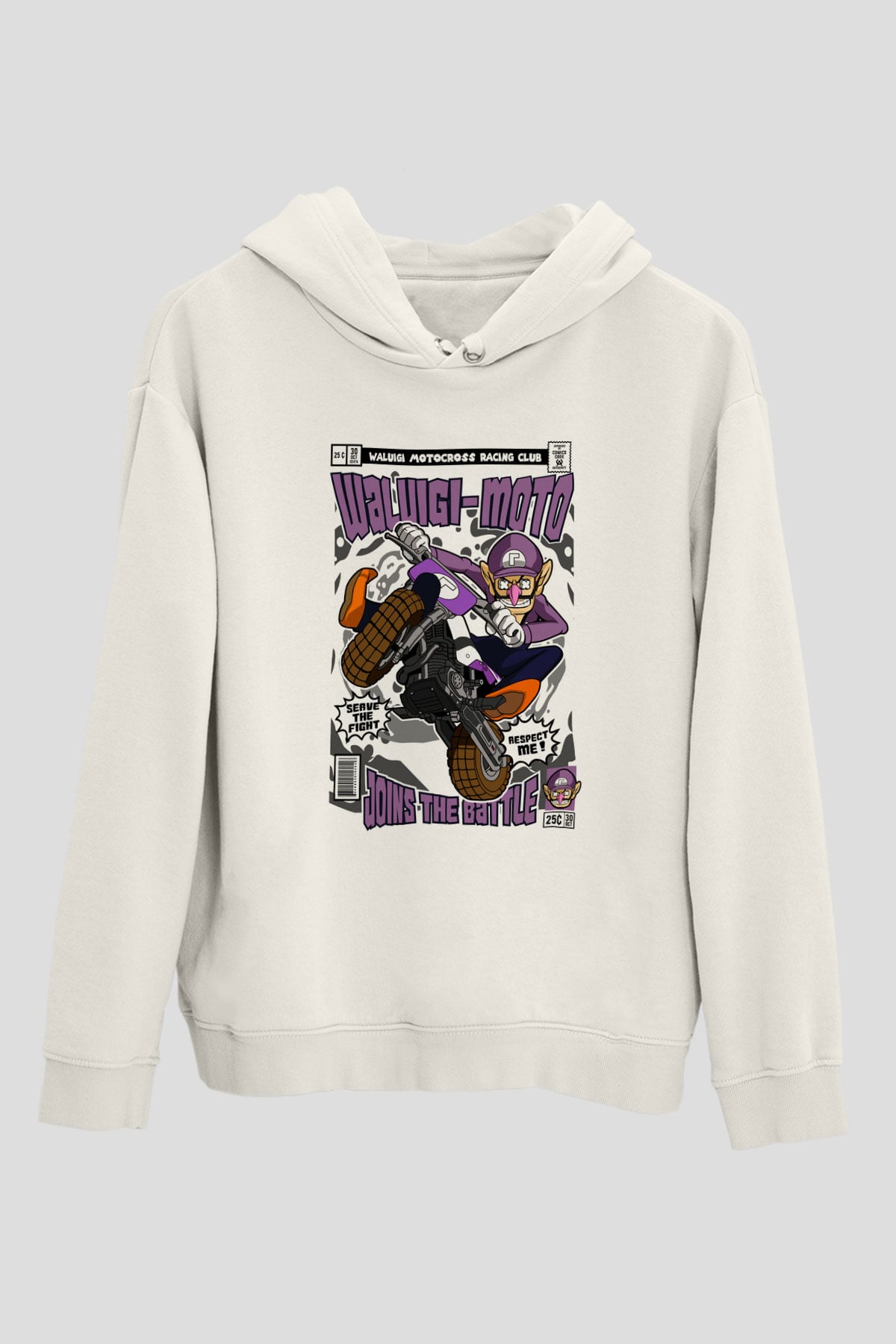 Waluigi-Moto Baskılı Unisex Beyaz Hoodie