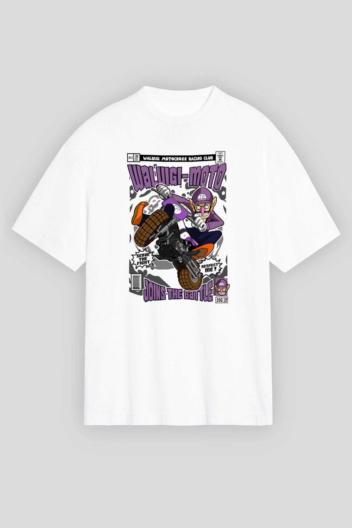 Waluigi-Moto Baskılı Unisex Beyaz Oversize Tişört