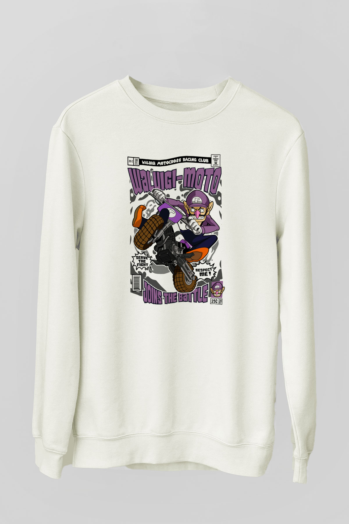 Waluigi-Moto Baskılı Unisex Beyaz Sweatshirt