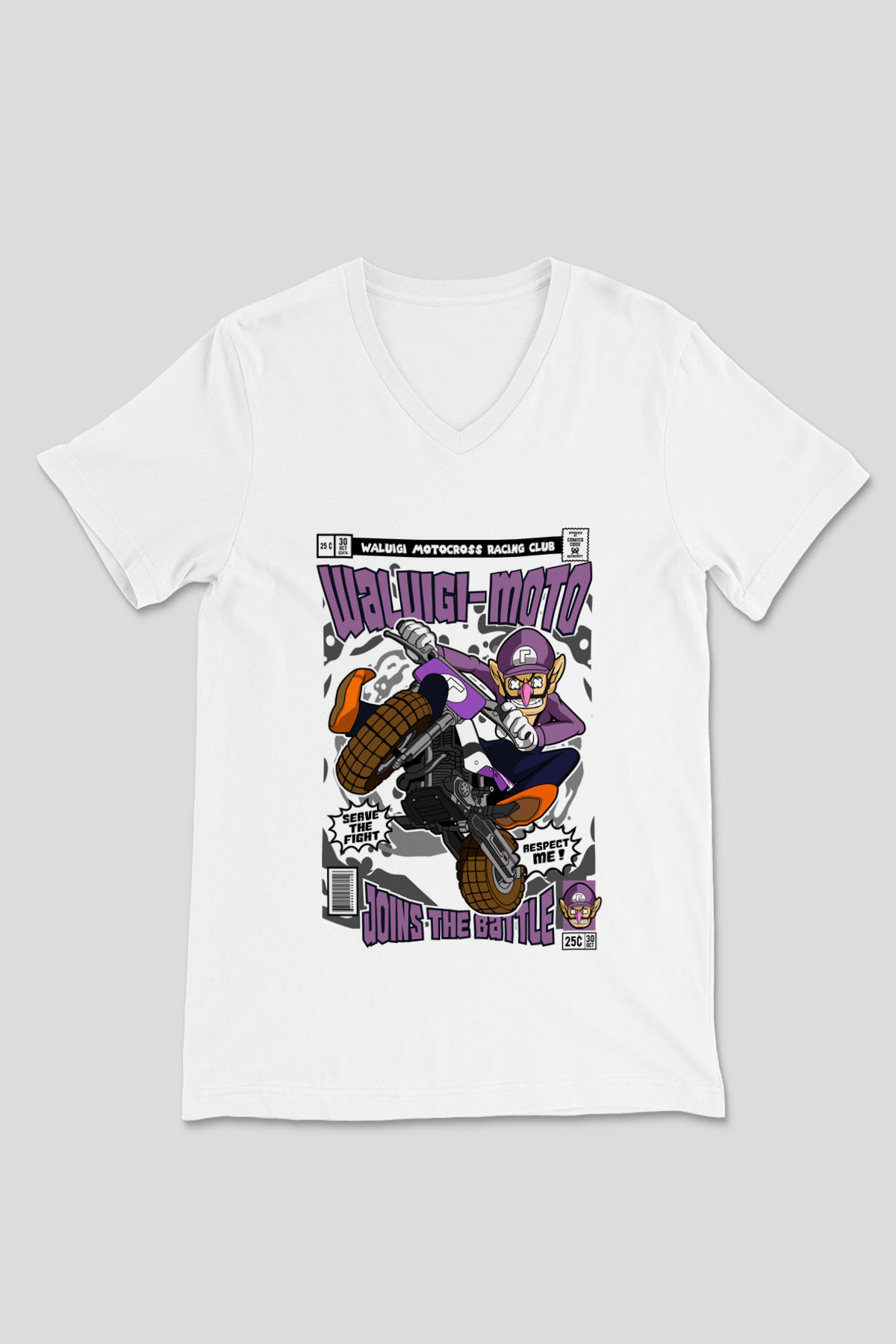 Waluigi-Moto Baskılı Unisex Beyaz V Yaka Tişört