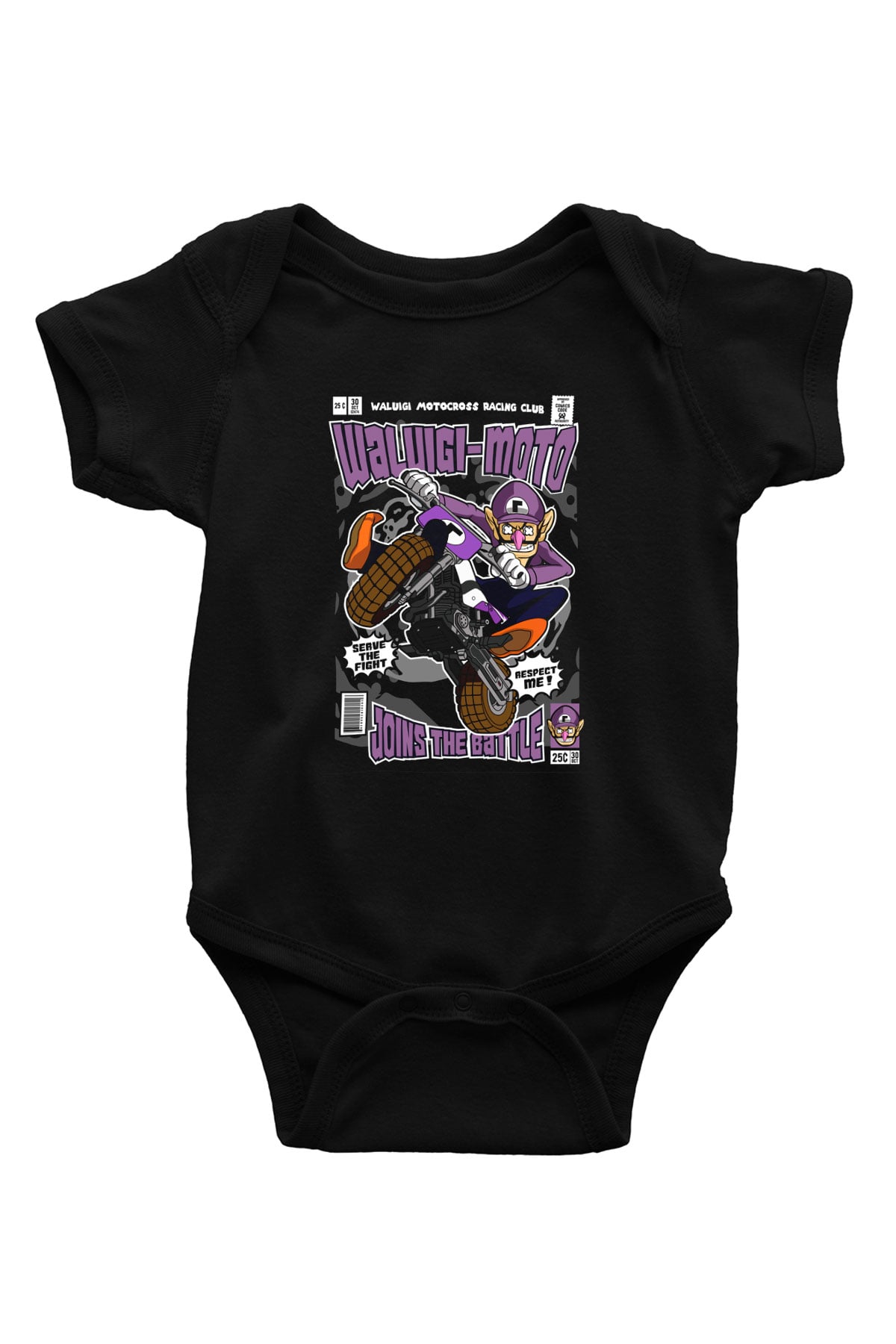 Waluigi Motocross Baskılı Unisex Siyah Bebek Body - Zıbın