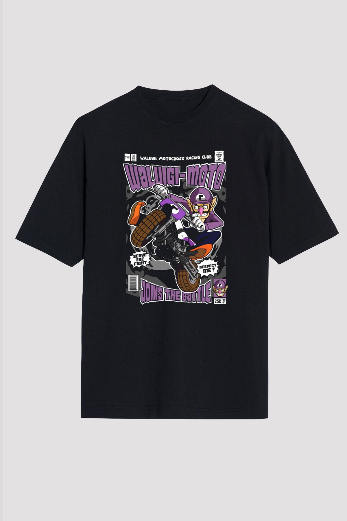 Waluigi Motocross Baskılı Unisex Siyah Oversize Tişört