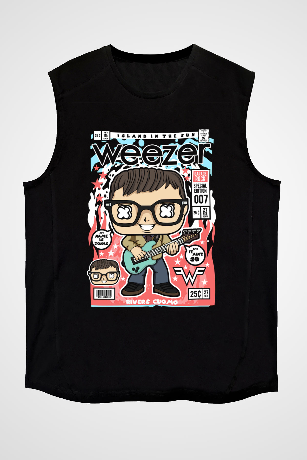 Weezer Baskılı Unisex Siyah Kolsuz Tişört