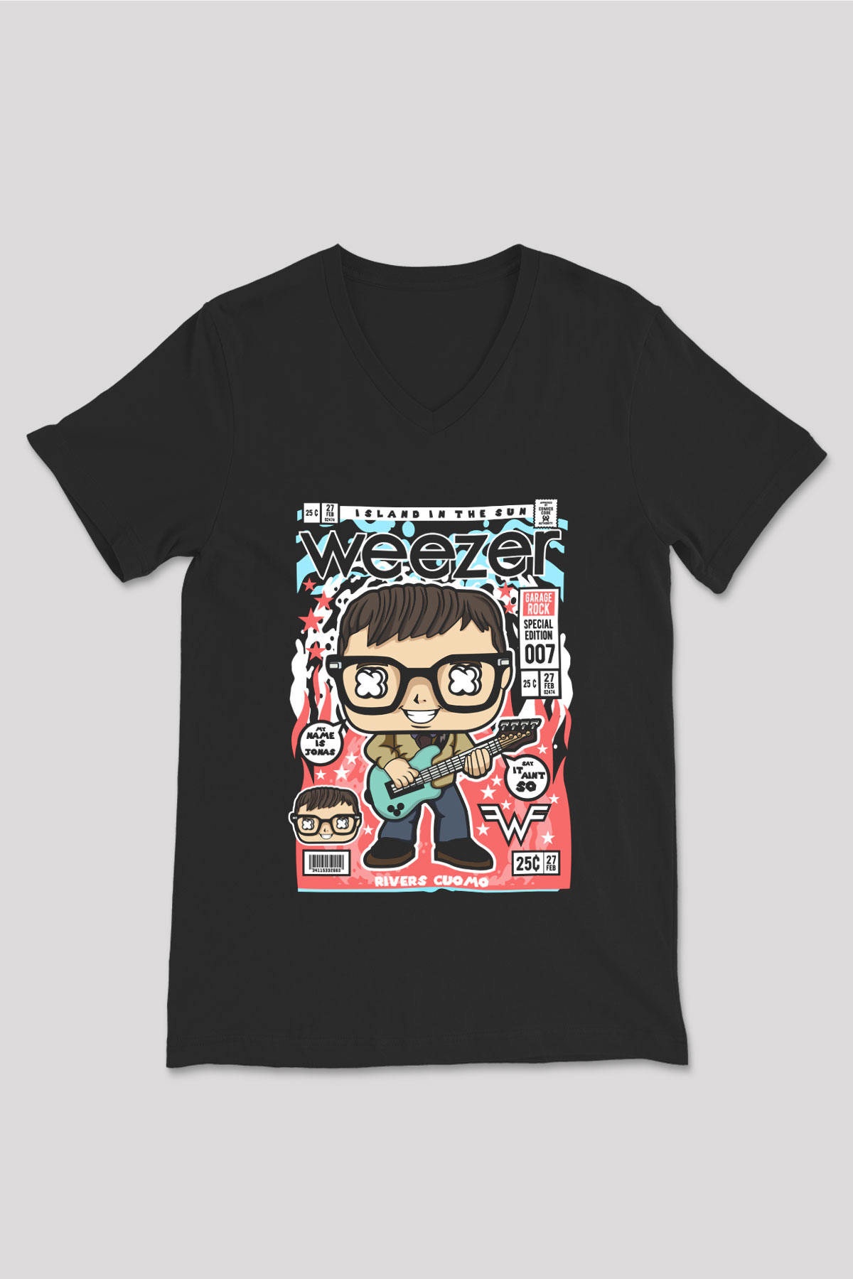 Weezer Baskılı Unisex Siyah V Yaka Tişört