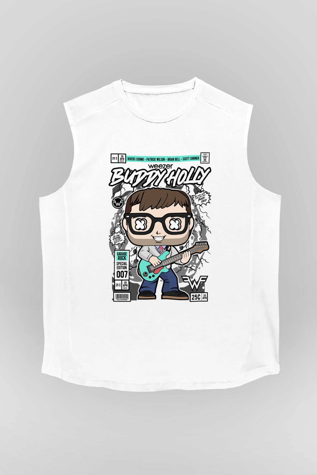 Weezer Buddy Holly Baskılı Unisex Beyaz Kolsuz Tişört