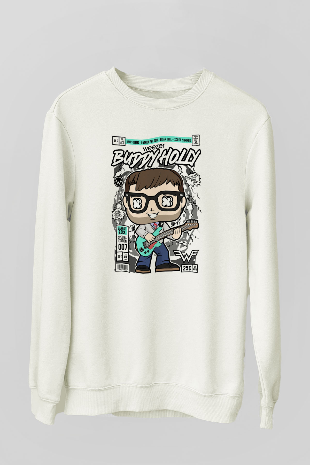 Weezer Buddy Holly Baskılı Unisex Beyaz Sweatshirt