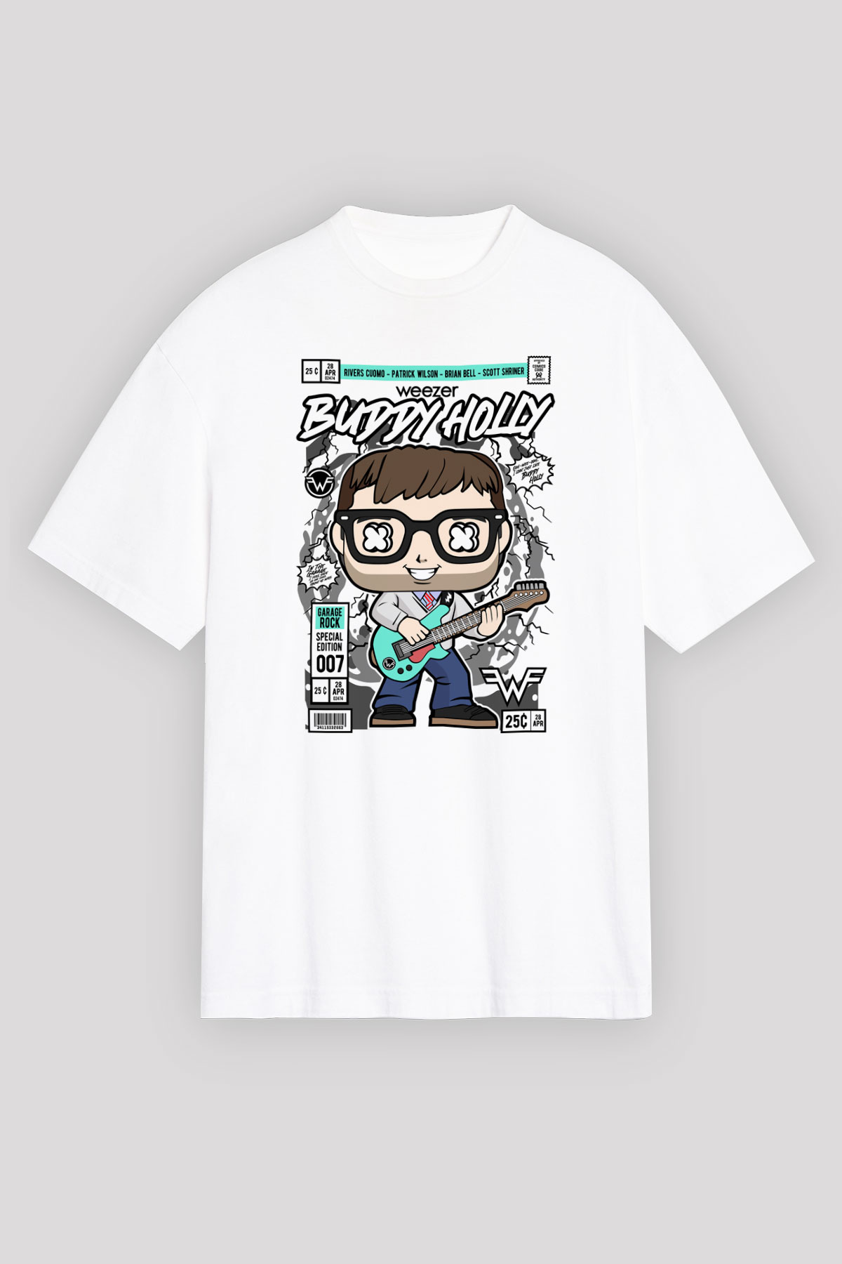 Weezer Buddy Holly Baskılı Unisex Beyaz Oversize Tişört