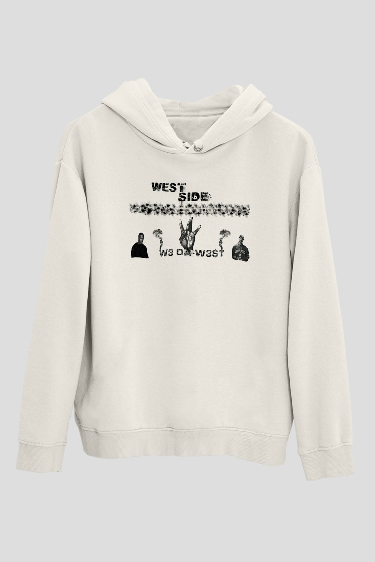 West Side Connection Baskılı Beyaz Unisex Kapüşonlu Sweatshirt