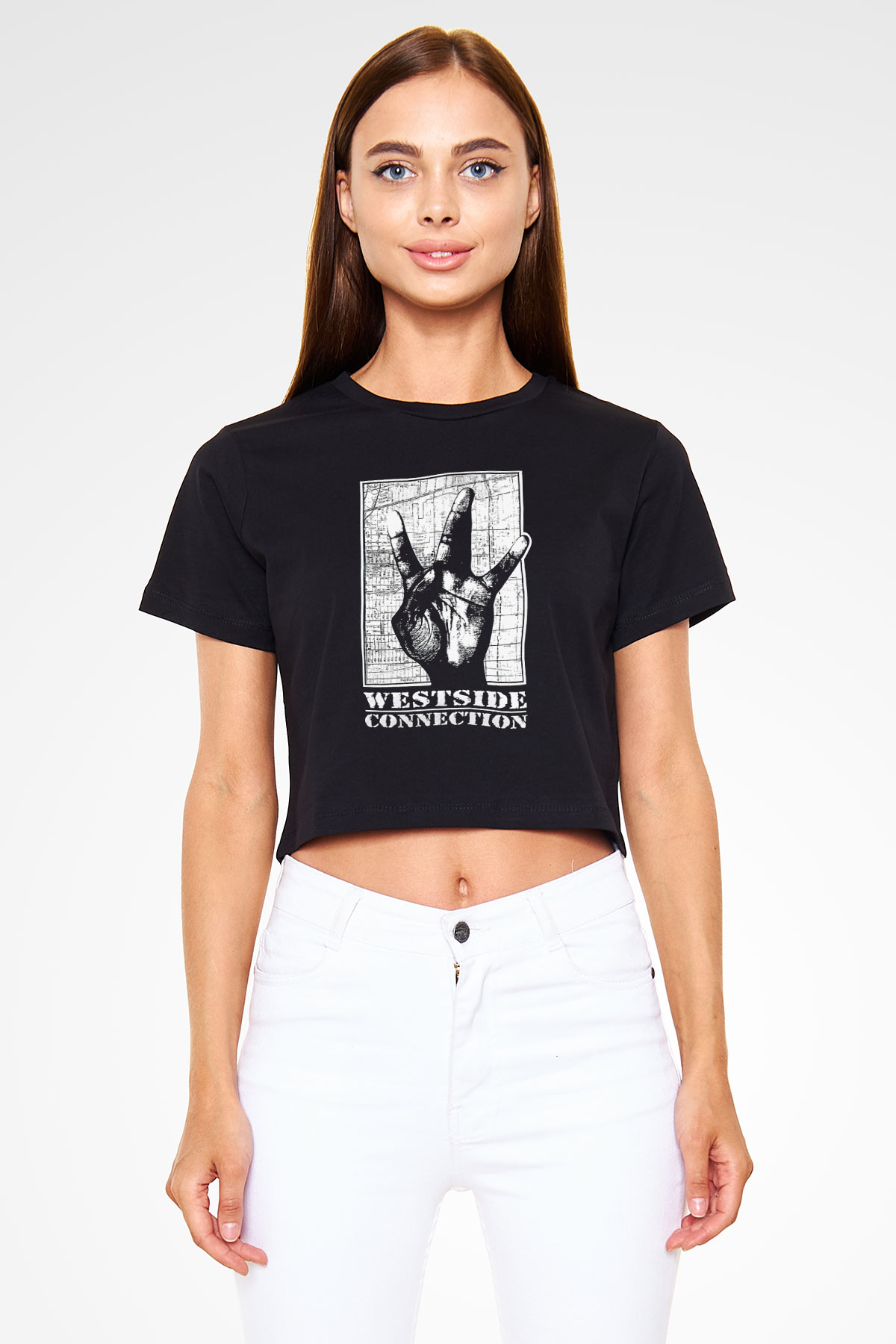 West Side Connection Baskılı Siyah Crop Top Kadın Tişört - Tshirt
