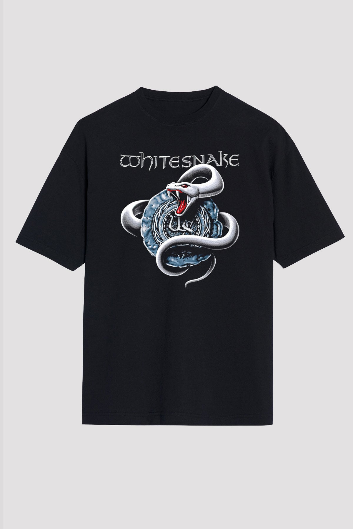 Whitesnake Baskılı Unisex Siyah Oversize Tişört - Tshirt