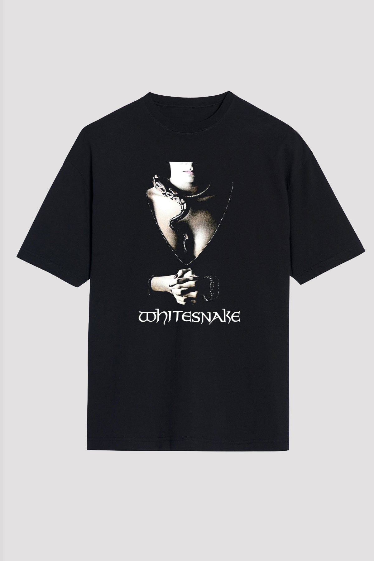 Whitesnake Baskılı Unisex Siyah Oversize Tişört - Tshirt