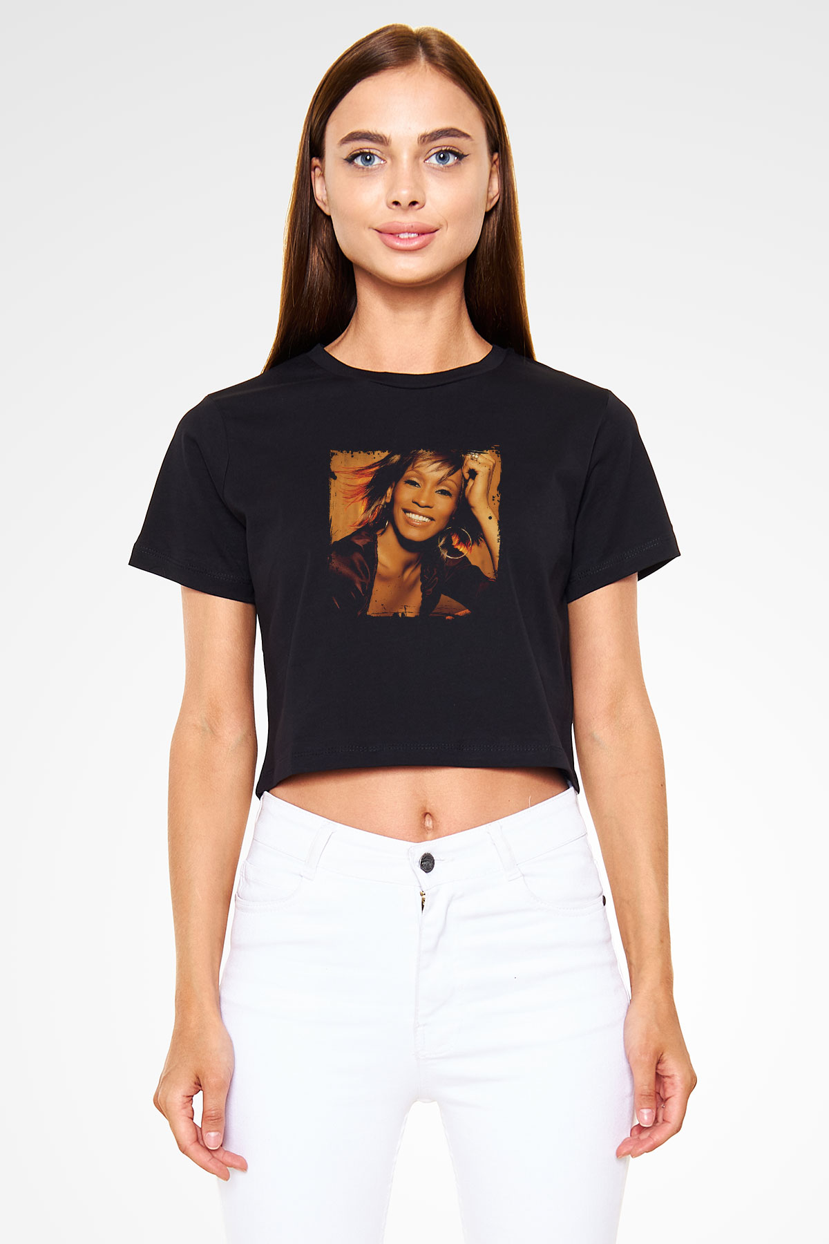 Whitney Houston Baskılı Crop Top Siyah Kadın Tişört