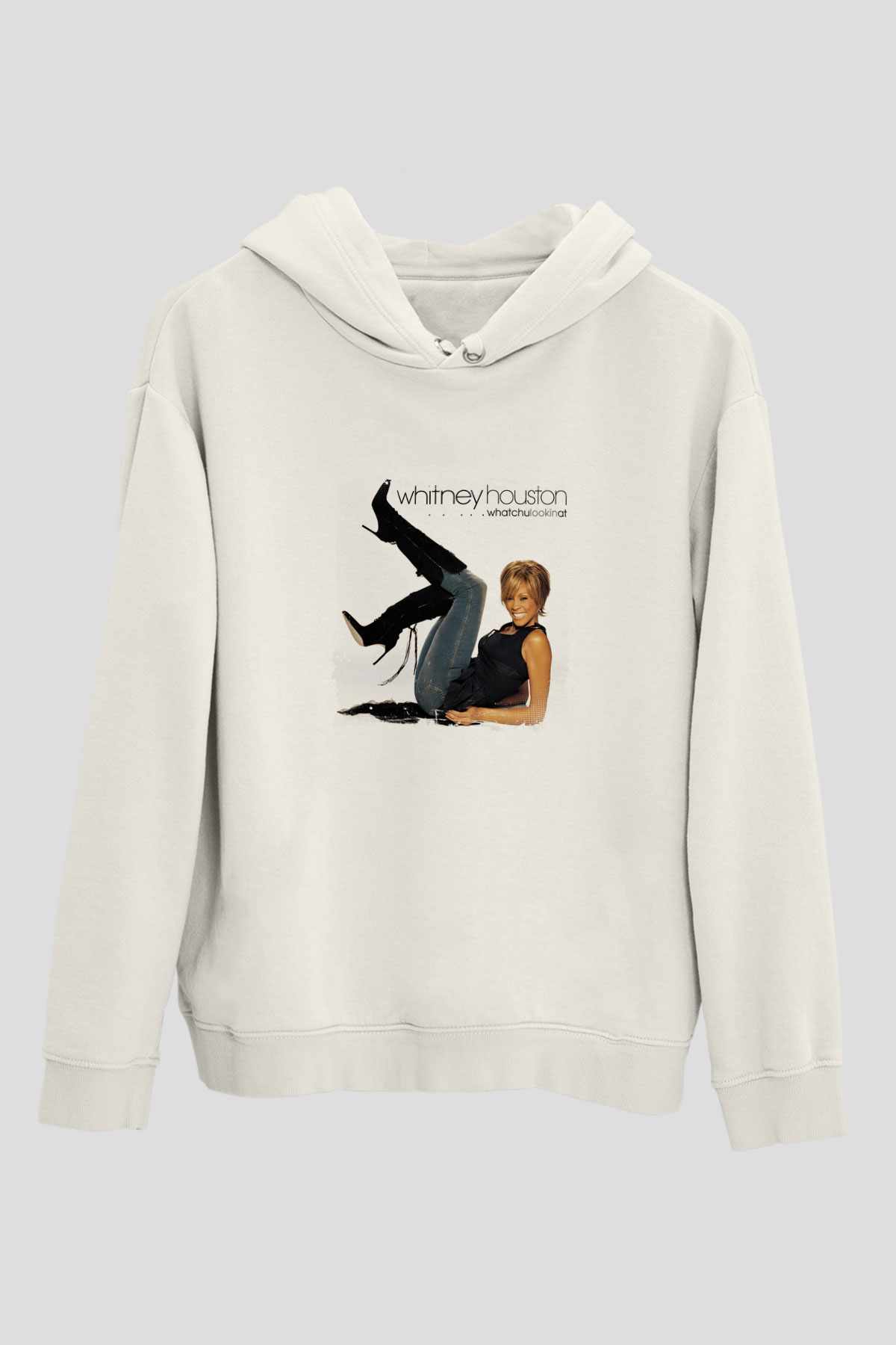 Whitney Houston Baskılı Unisex Beyaz Kapüşonlu Sweatshirt