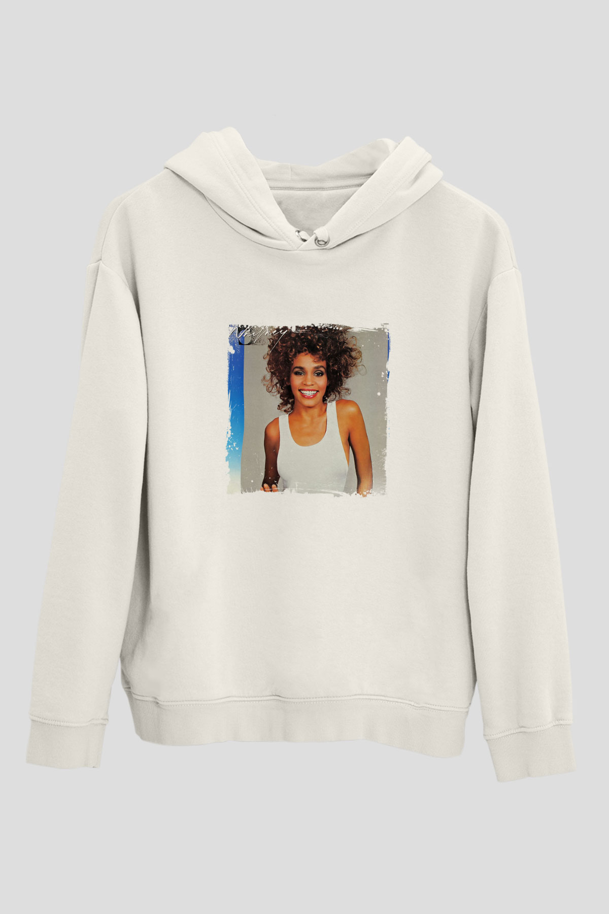 Whitney Houston Baskılı Unisex Beyaz Kapüşonlu Sweatshirt