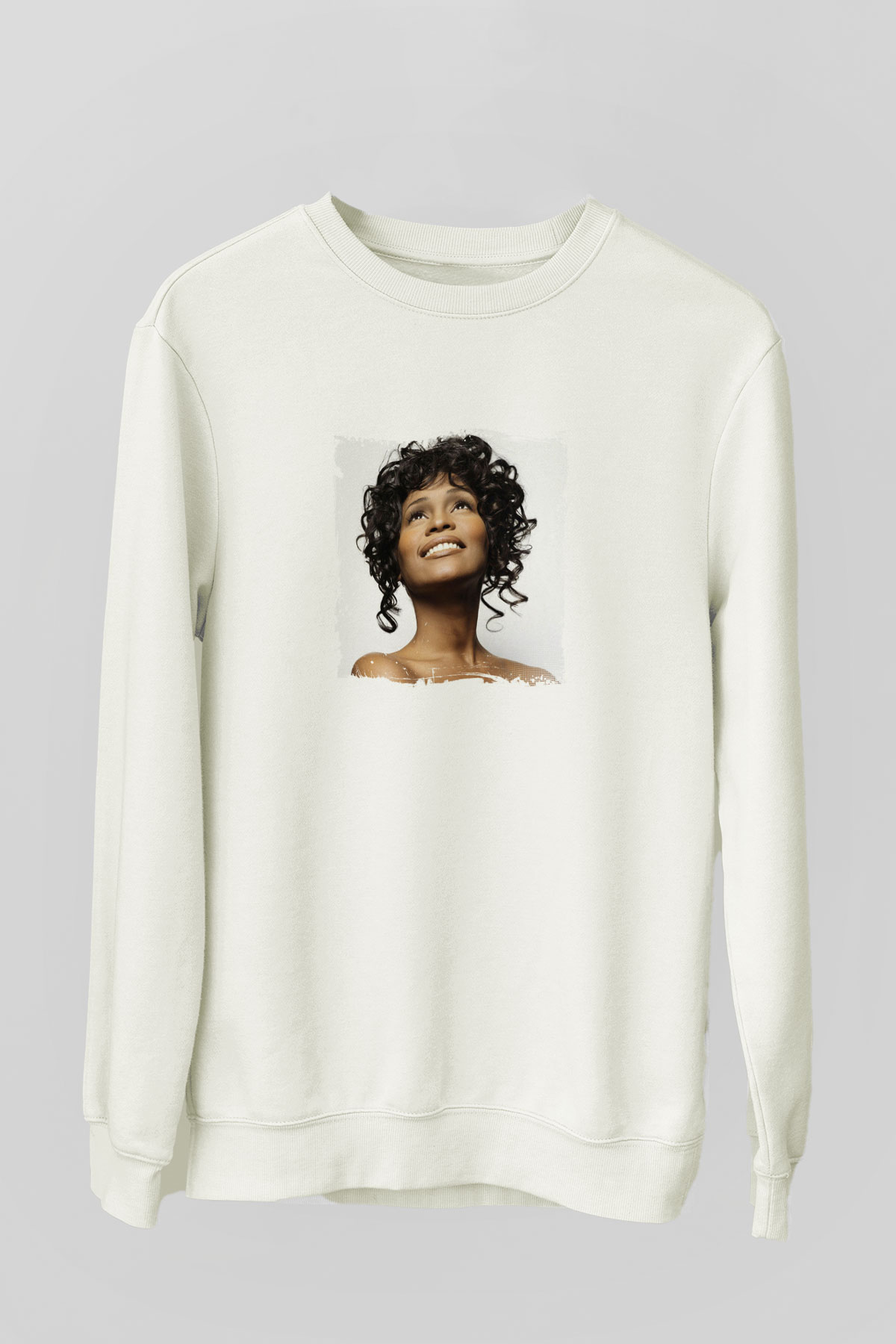 Whitney Houston Baskılı Unisex Beyaz Sweatshirt