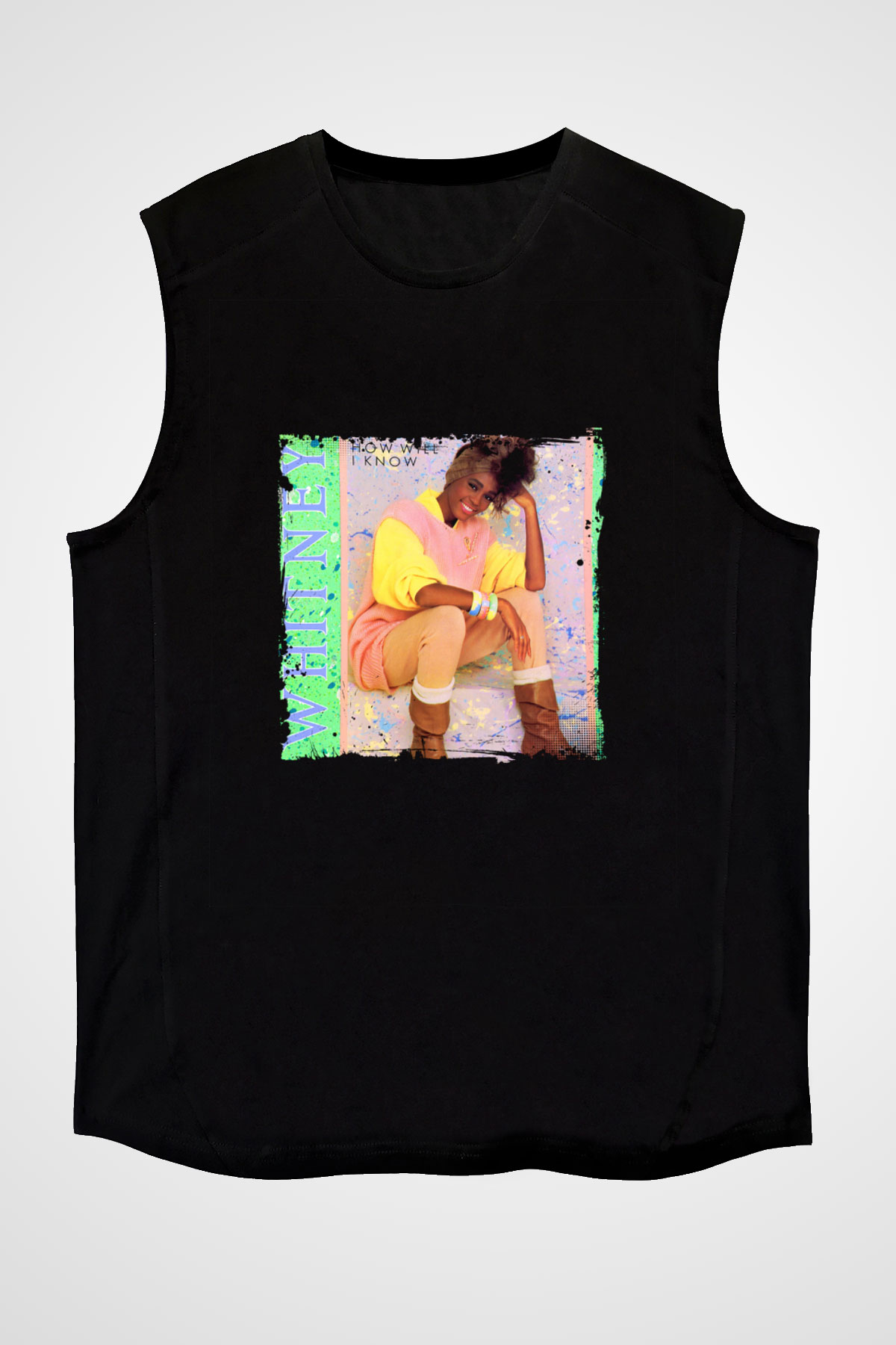 Whitney Houston Baskılı Unisex Siyah Kolsuz Tişört