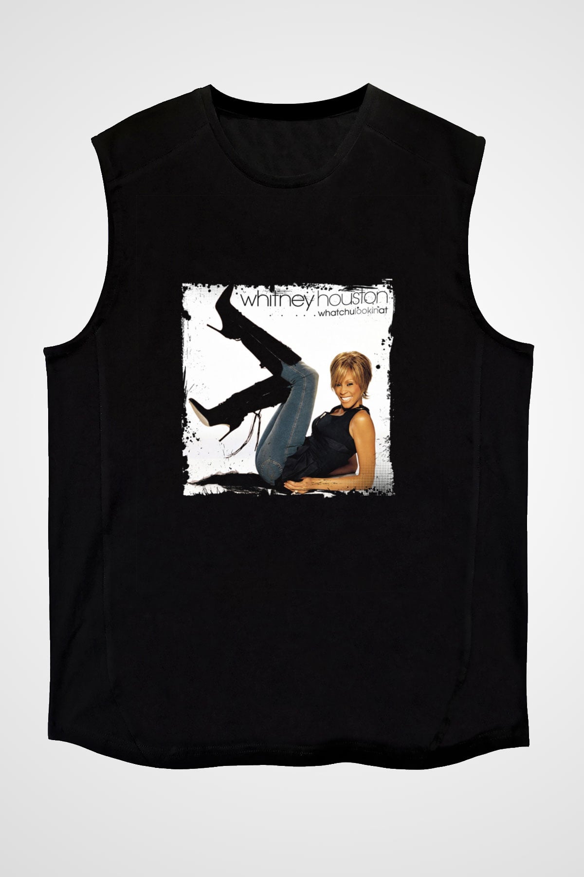 Whitney Houston Baskılı Unisex Siyah Kolsuz Tişört