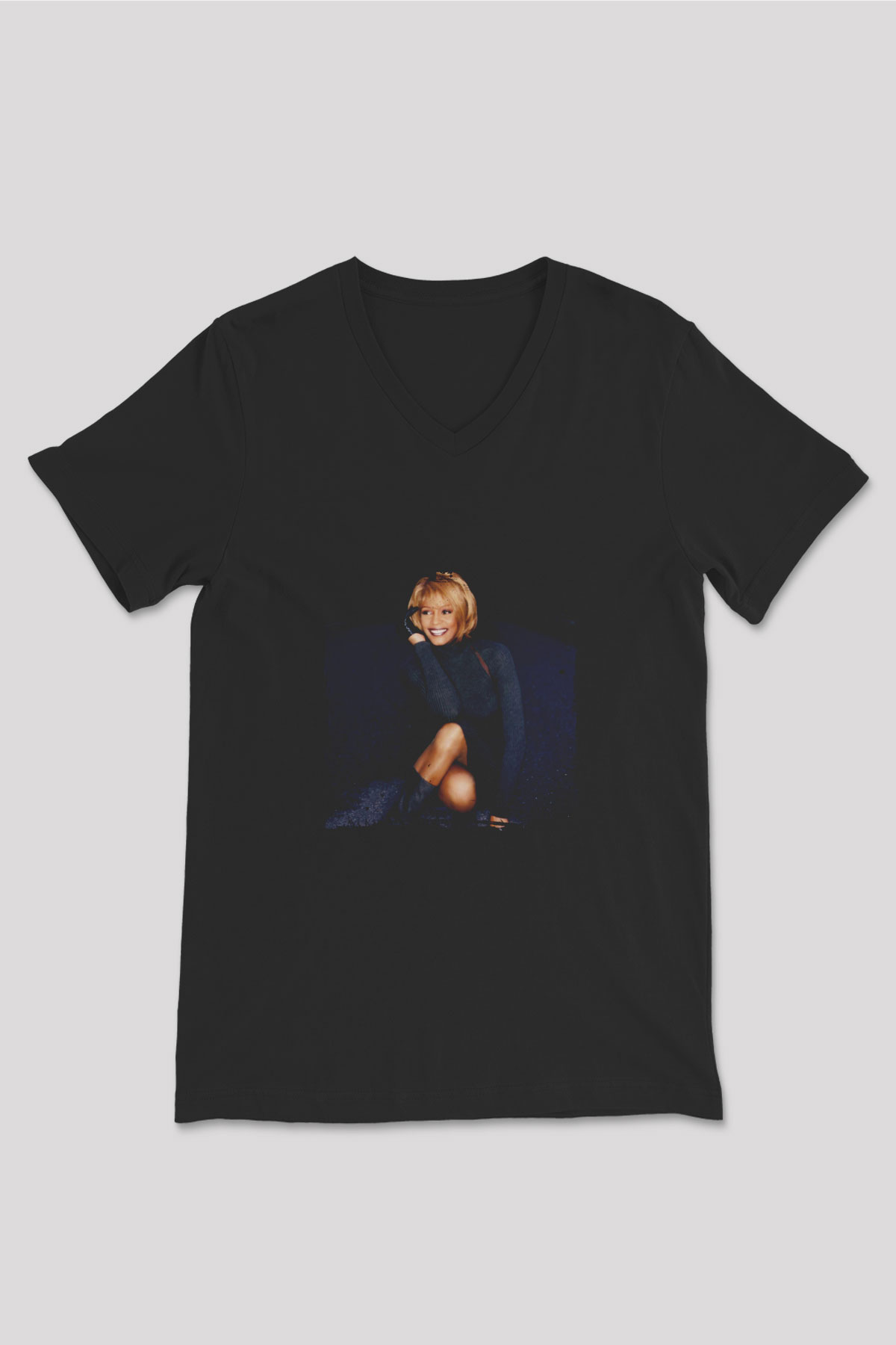 Whitney Houston Baskılı Unisex Siyah V Yaka Tişört