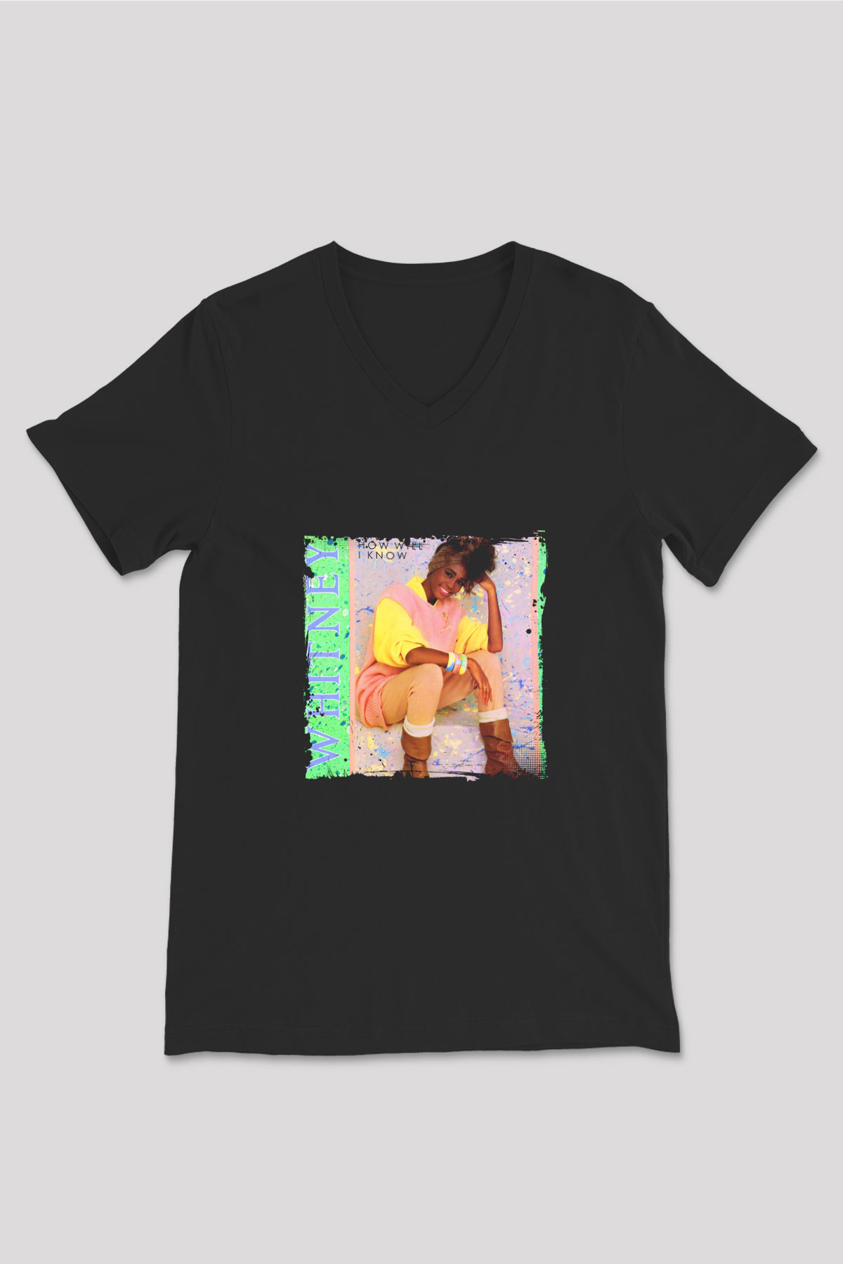 Whitney Houston Baskılı Unisex Siyah V Yaka Tişört