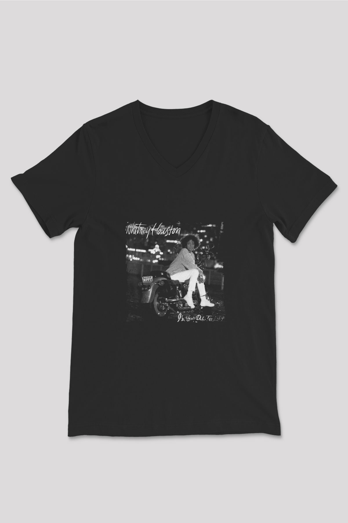 Whitney Houston Baskılı Unisex Siyah V Yaka Tişört