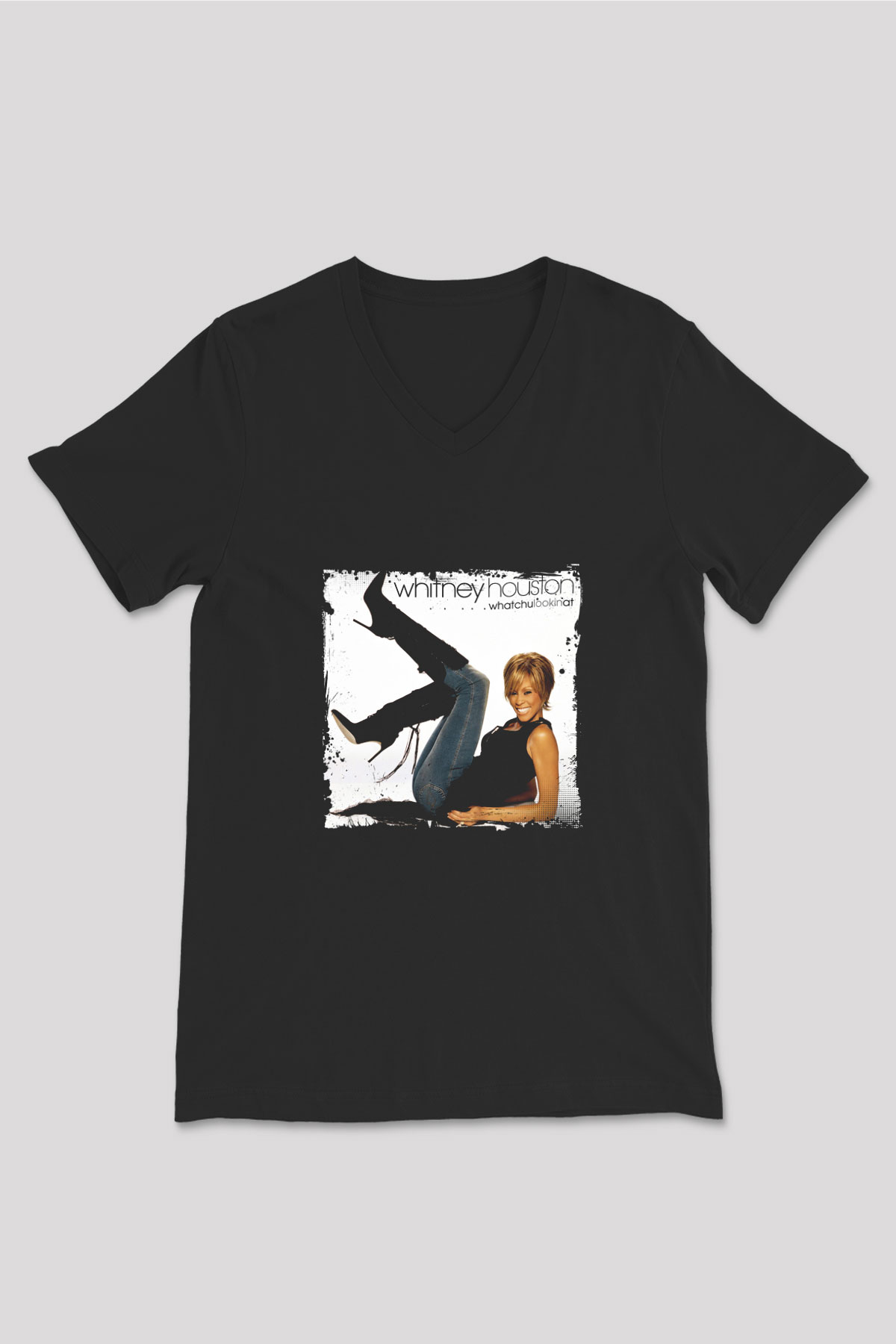Whitney Houston Baskılı Unisex Siyah V Yaka Tişört