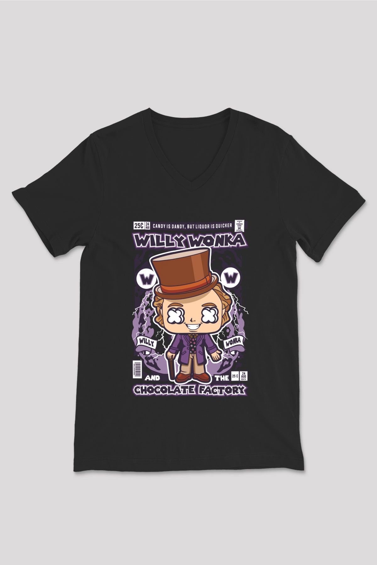 Willy Wonka Çikolata Fabrikası Baskılı Unisex Siyah V Yaka Tişört